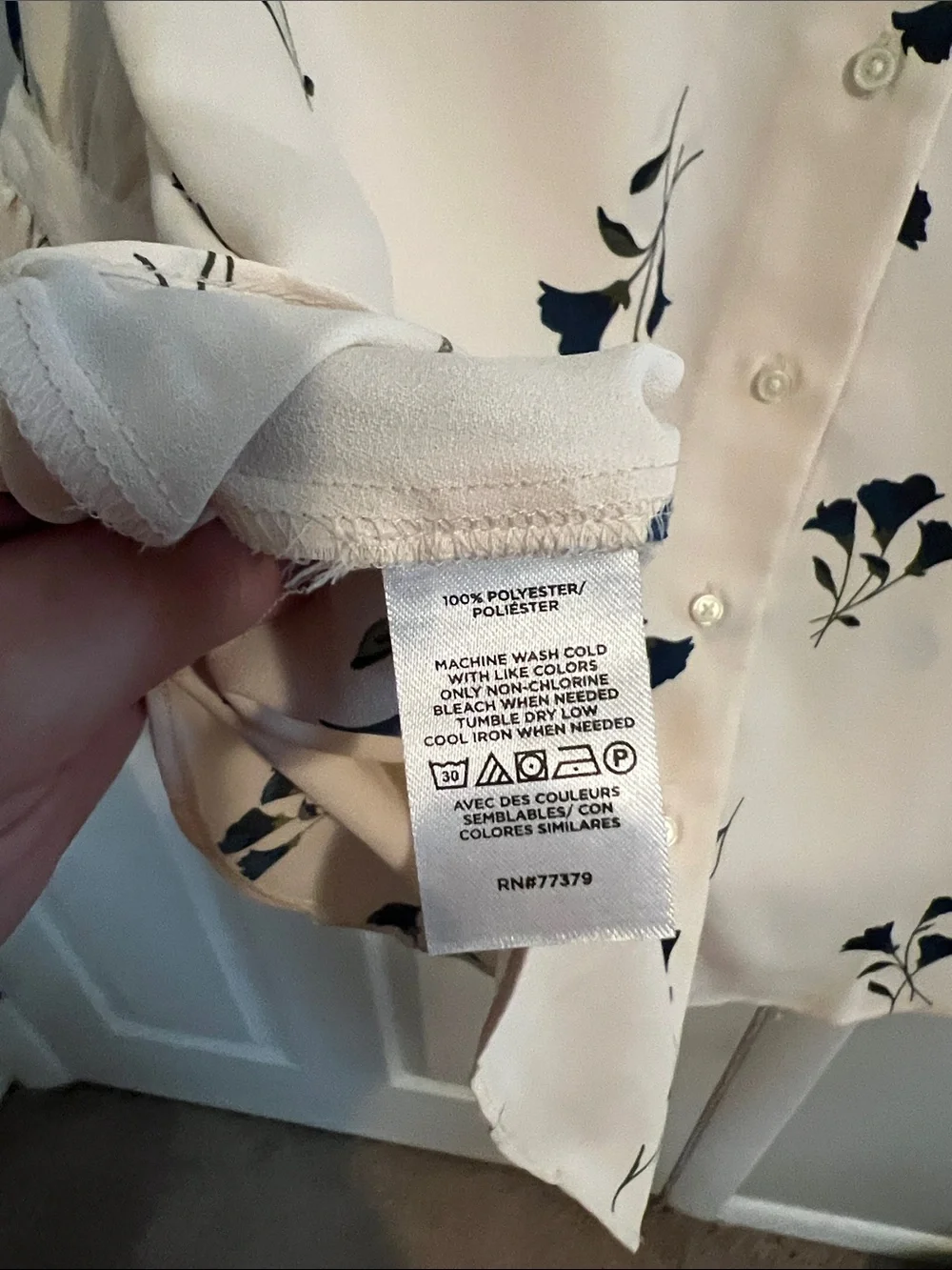 Ann Taylor Cream Blouse with Navy Floral Print and Ruffle Sleeves - Picture 3 of 4